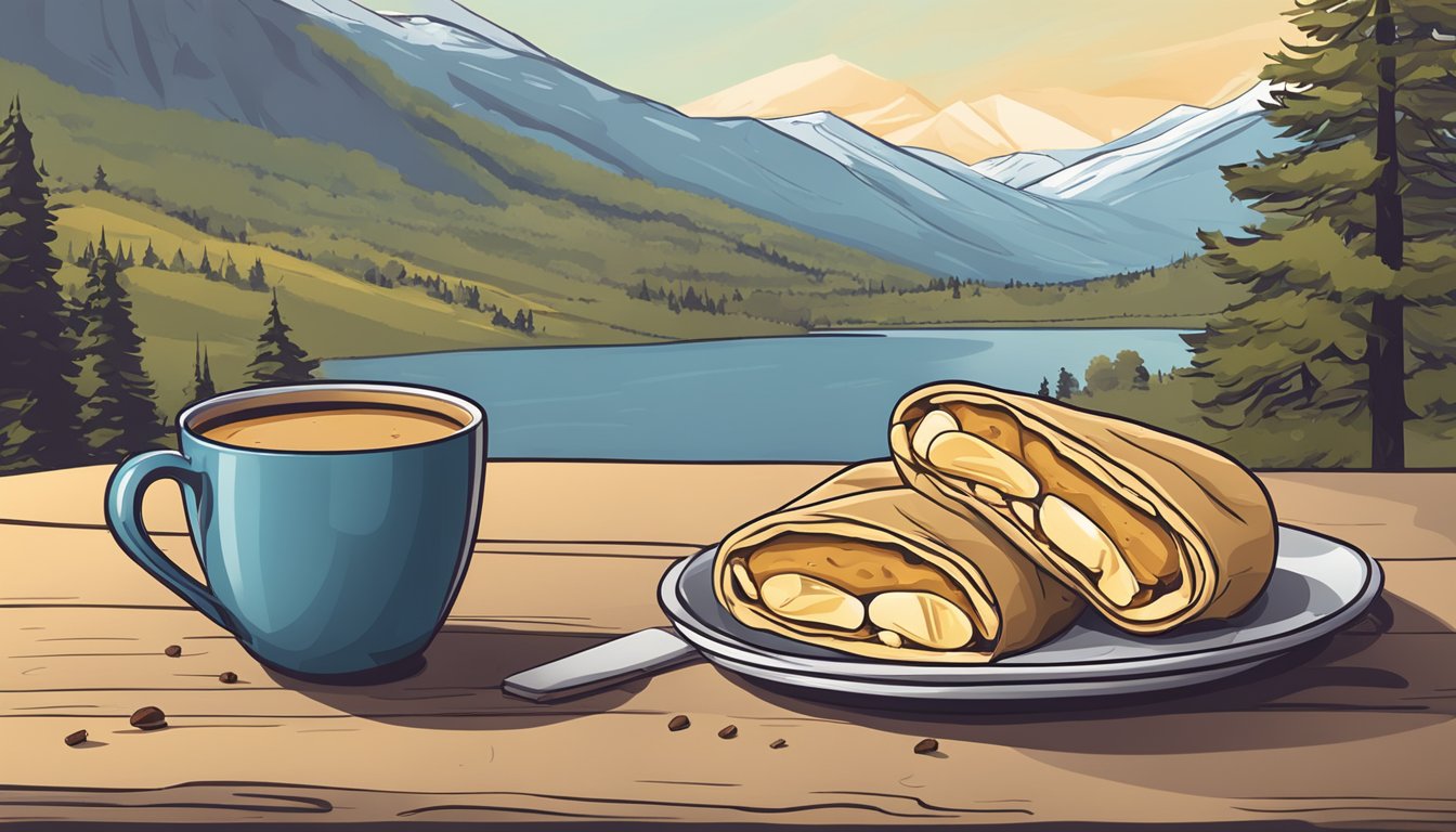 A peanut butter banana wrap sits next to a campfire with a mug of coffee and a scenic mountain view in the background