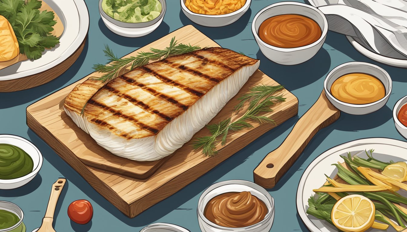 A halibut fillet being grilled on a barbecue, with various sauces and accompaniments arranged neatly on a wooden serving platter