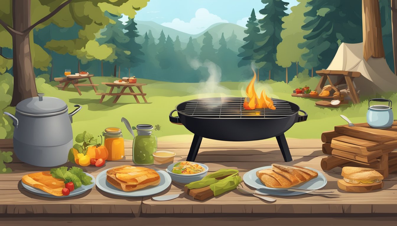 A campsite with a crackling fire, a rustic picnic table set with cooking utensils, and a variety of ingredients for breakfast recipes