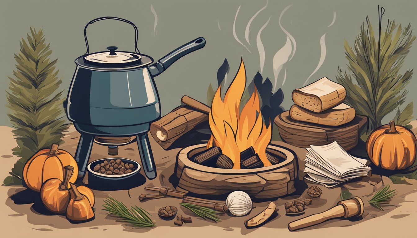 A campfire surrounded by various ingredients and cooking utensils, with a rustic camping stove and a stack of recipe cards nearby