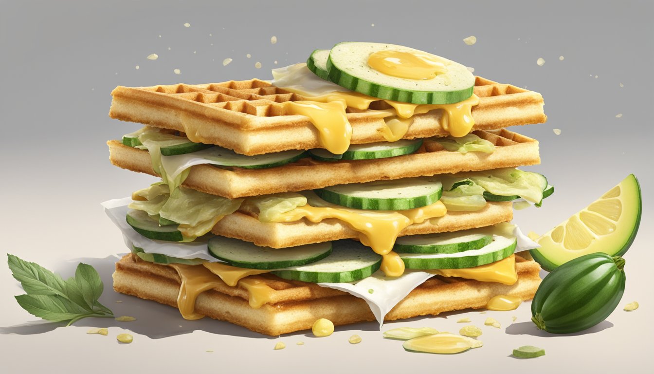 A golden, crispy wafflewich filled with zucchini and Parmesan, surrounded by other frozen breakfast sandwiches