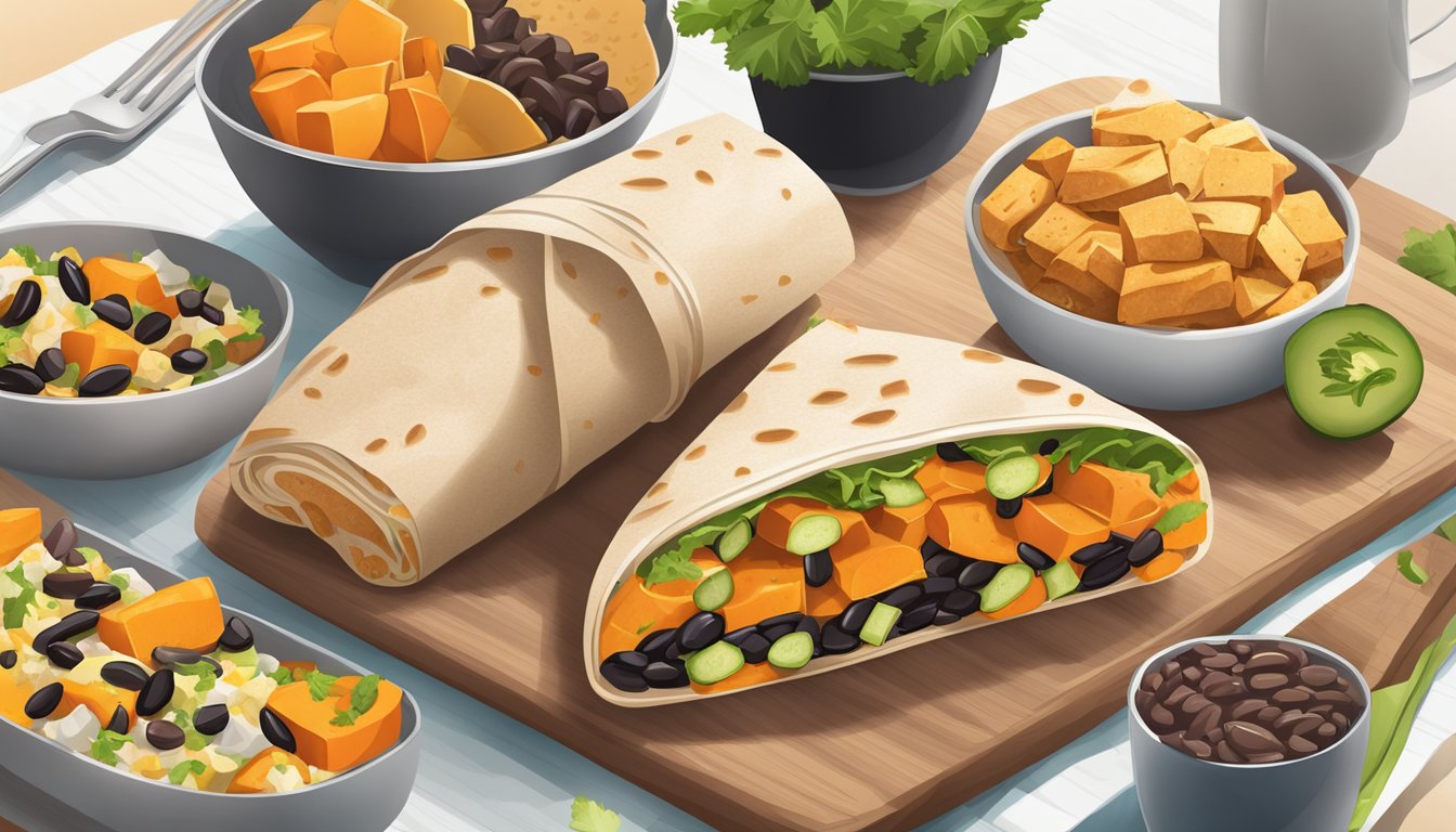 A colorful wrap filled with sweet potatoes and black beans, surrounded by various healthy breakfast sandwich ingredients