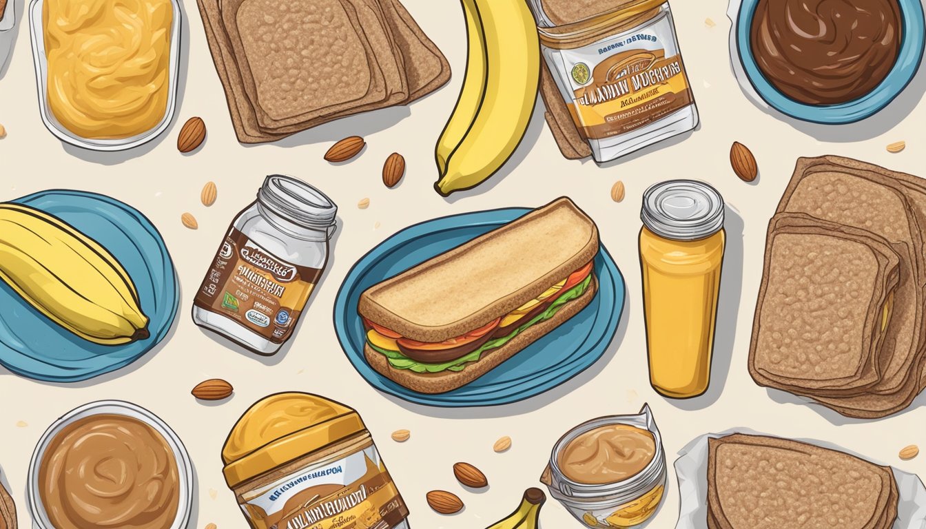 A pocket sandwich filled with almond butter and banana, surrounded by other frozen breakfast options