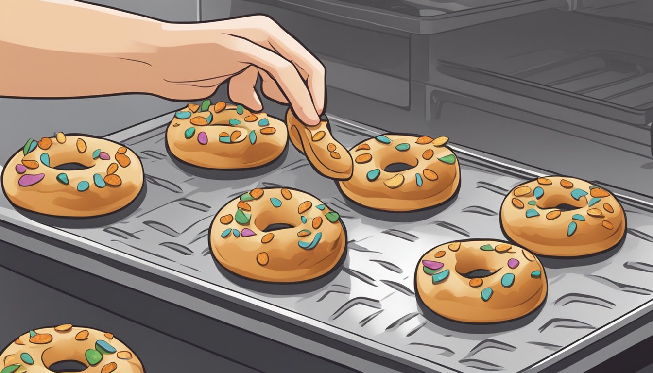 A hand placing Bagel Bites on a baking sheet, preheated oven in the background