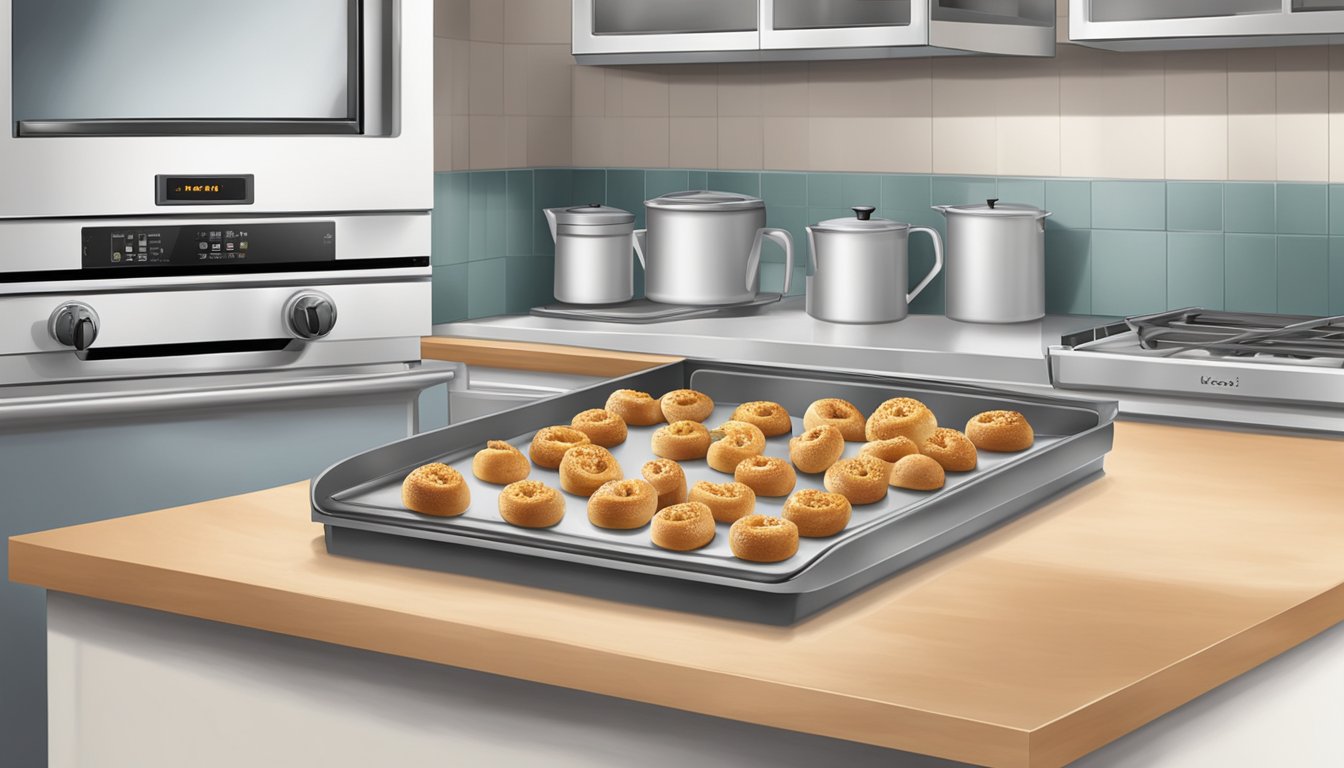 A countertop with a box of bagel bites, a baking sheet, and a preheated oven