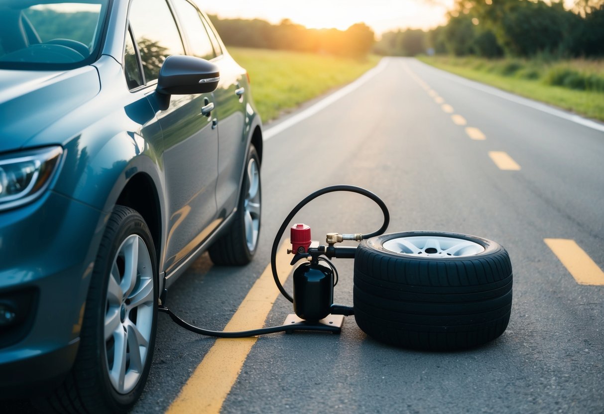 A car parked on the side of the road, with a portable air compressor connected to the tire for inflation