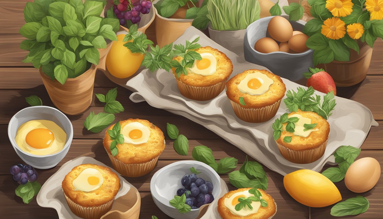 A rustic wooden table with a platter of golden brown egg and cheese muffins surrounded by fresh herbs and colorful fruit