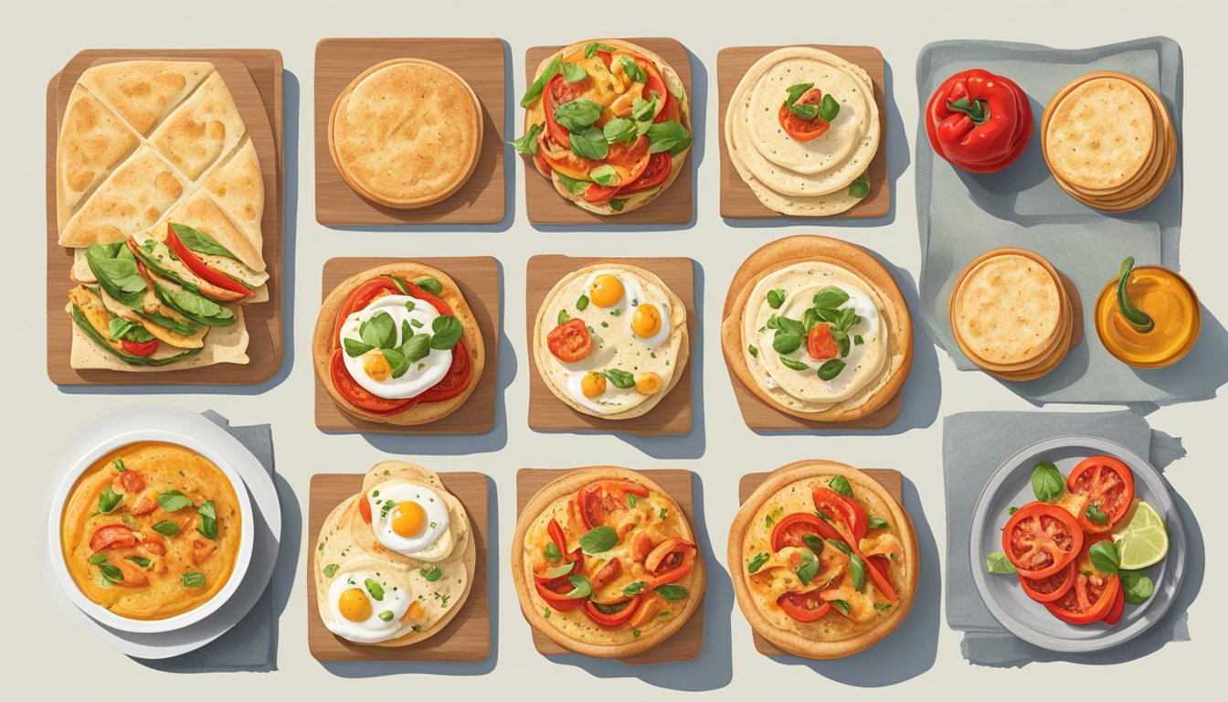 A flatbread topped with hummus and roasted red peppers, surrounded by various frozen breakfast sandwiches