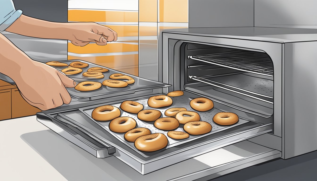 A hand placing a tray of bagel bites into a preheated oven. A timer set on the counter