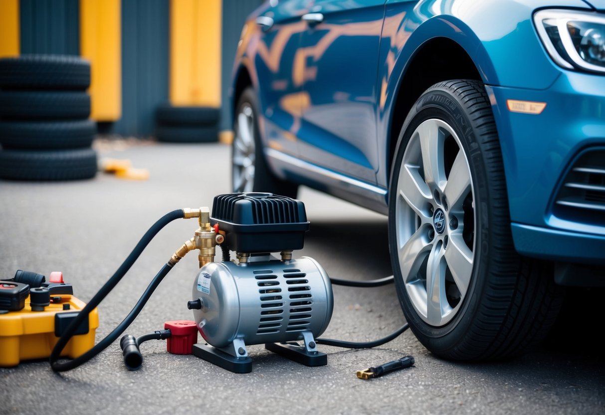 A car parked with a portable air compressor connected to the tire, surrounded by tools and equipment for tire maintenance
