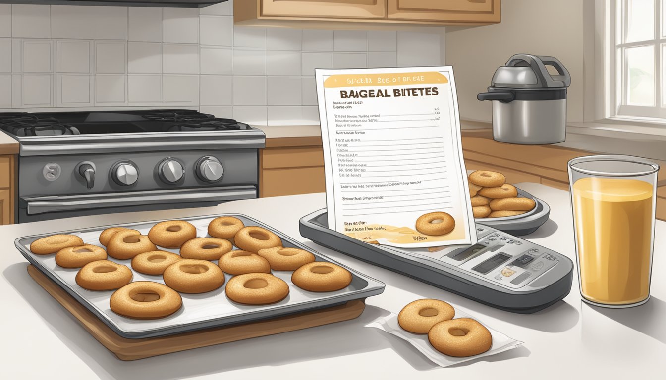 A kitchen counter with a baking sheet of golden brown bagel bites next to a timer and a recipe card