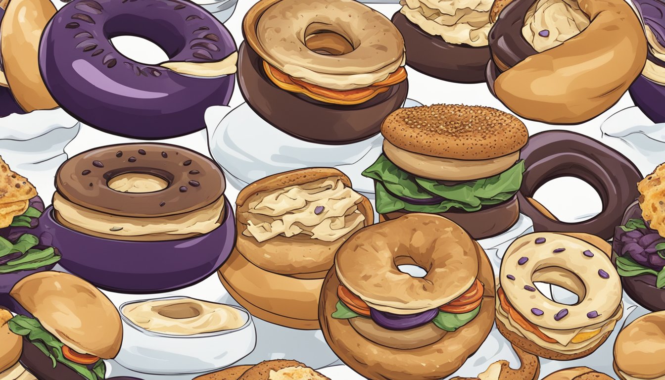 A bagel filled with eggplant and ricotta, surrounded by various frozen breakfast sandwiches