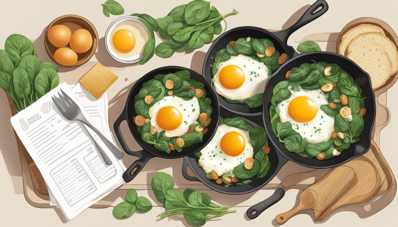 A rustic skillet with baked eggs and spinach surrounded by fresh ingredients and a stack of recipe cards