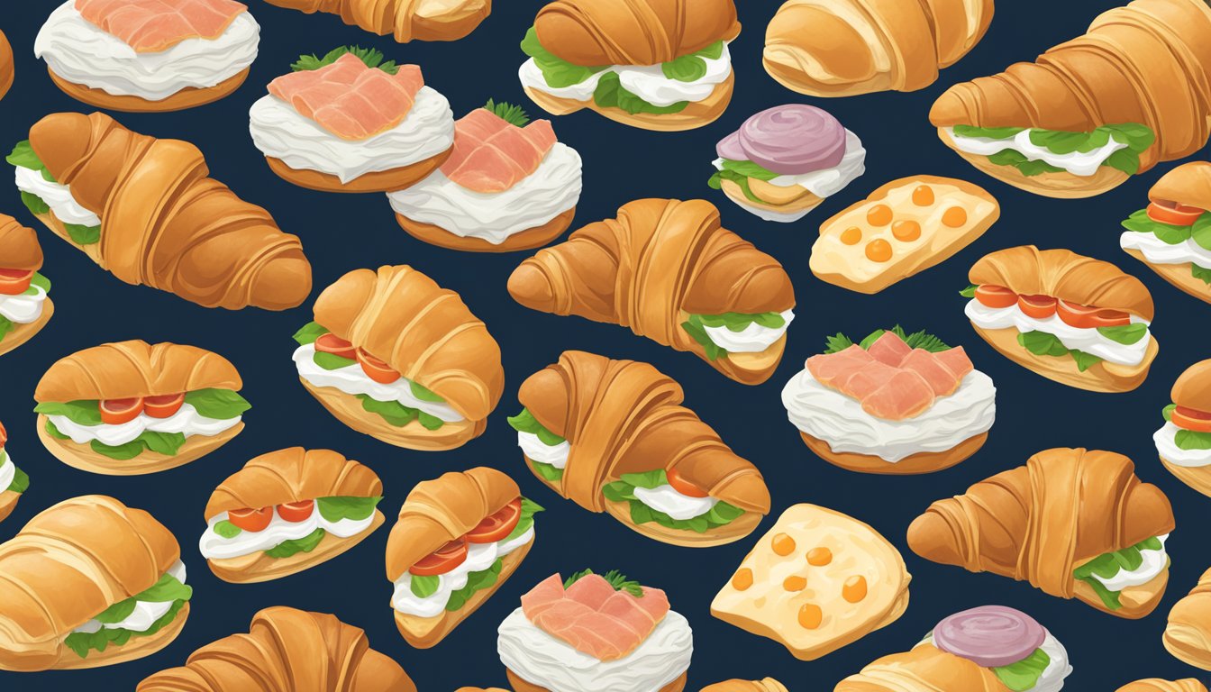 A croissant filled with lox and cream cheese, surrounded by 15 other healthy breakfast sandwiches, all neatly arranged on a table