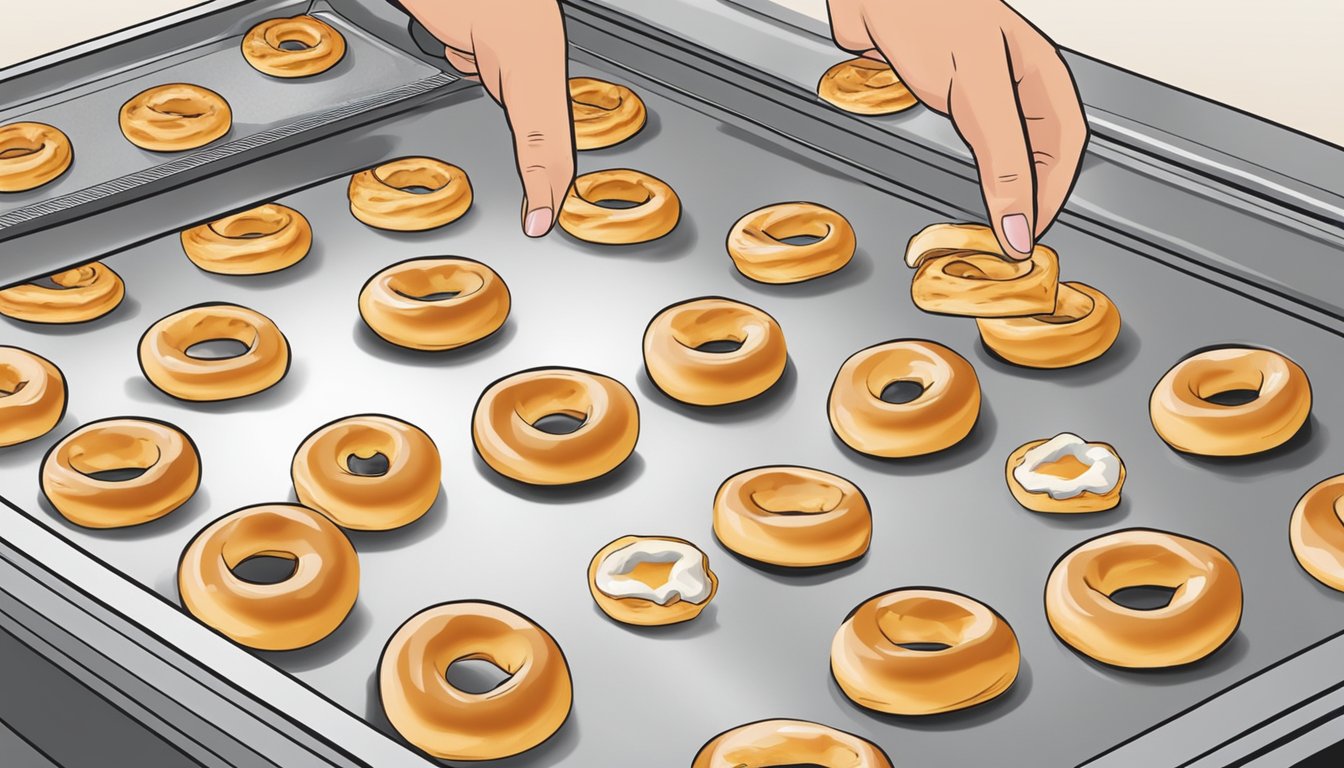 A hand placing bagel bites on a baking sheet, then placing the sheet in the oven. Later, a hand removing the cooked bagel bites from the oven