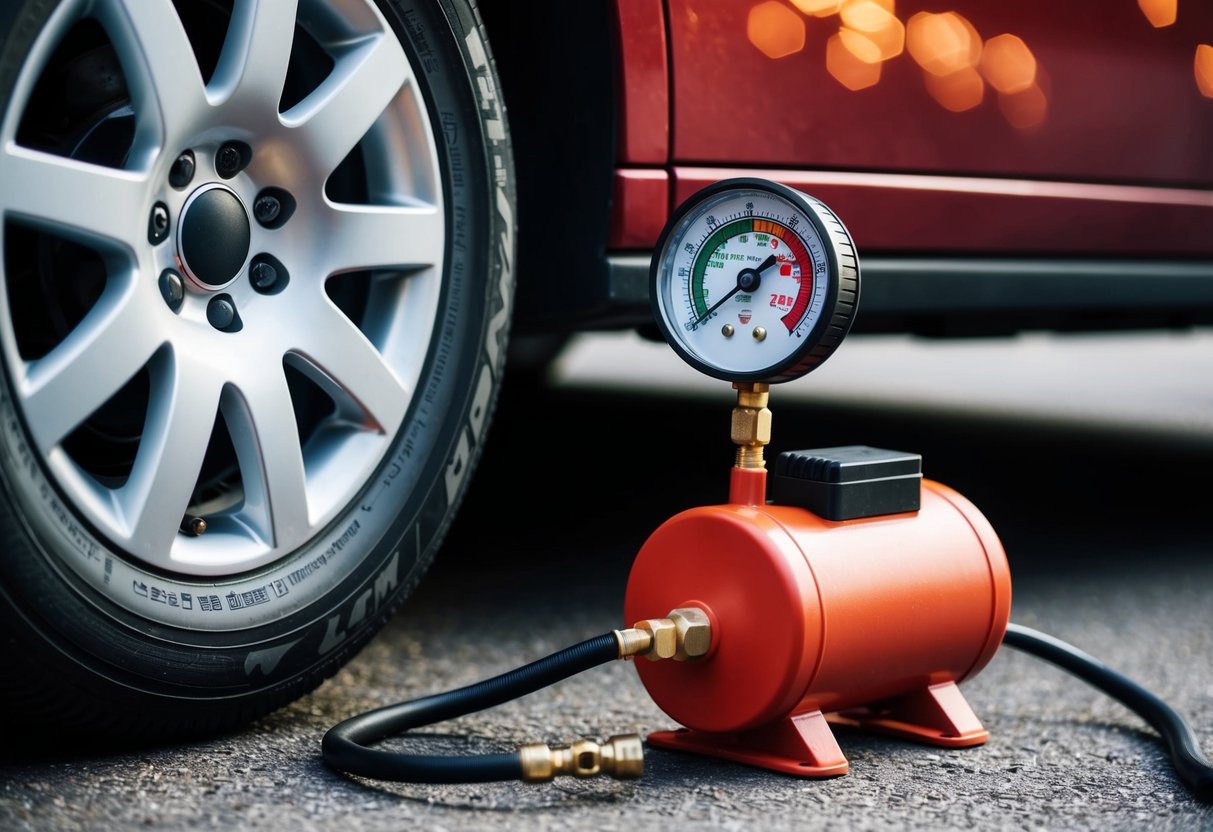 A portable air compressor sits next to a car tire, with the hose connected and the gauge showing the tire pressure