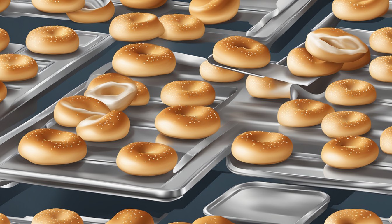 Bagel bites baking in the oven on a metal tray