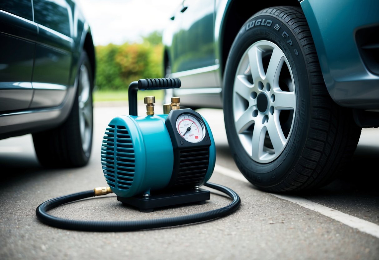 A portable air compressor sits next to a car tire, with the hose connected and the pressure gauge in view. The car is parked in a safe and well-lit area