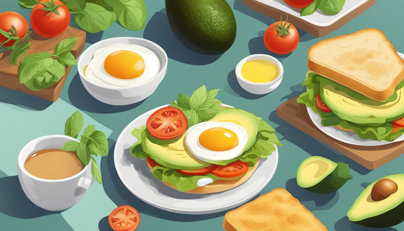 A sunny breakfast table with a colorful avocado and egg sandwich, surrounded by fresh ingredients like tomatoes and herbs