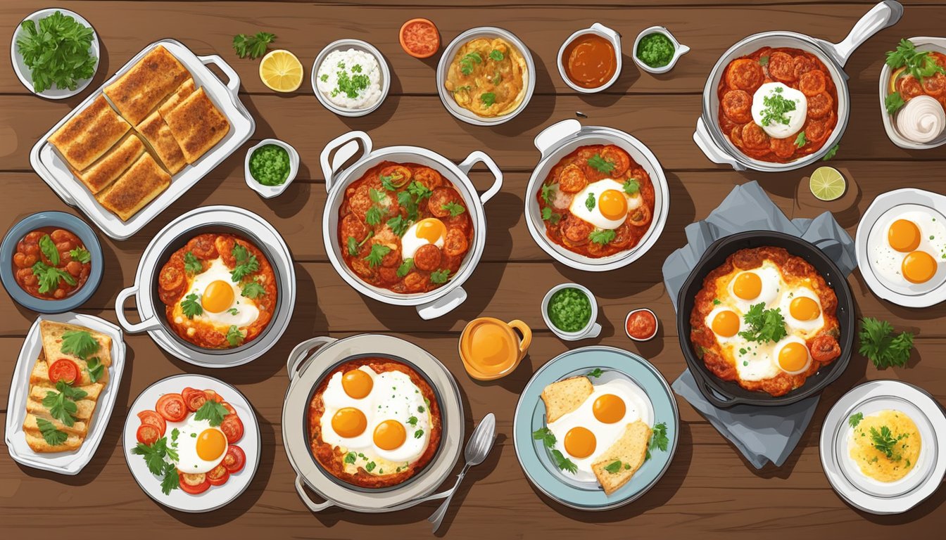 A colorful spread of 15 different dishes of Shakshuka, each uniquely garnished and arranged on a rustic wooden table