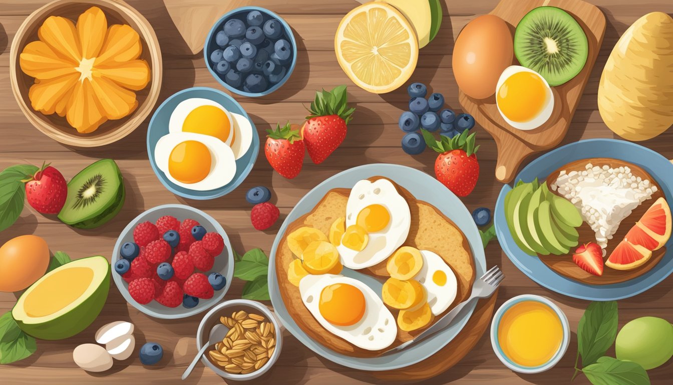 A colorful array of fruits, eggs, and grains spread out on a wooden breakfast table, showcasing 15 naturally gluten-free breakfast recipes