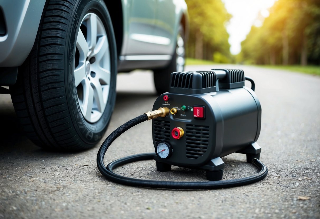 A portable air compressor sits next to a car tire, with a hose connected and the compressor powered on. The compact design and easy-to-use features are highlighted