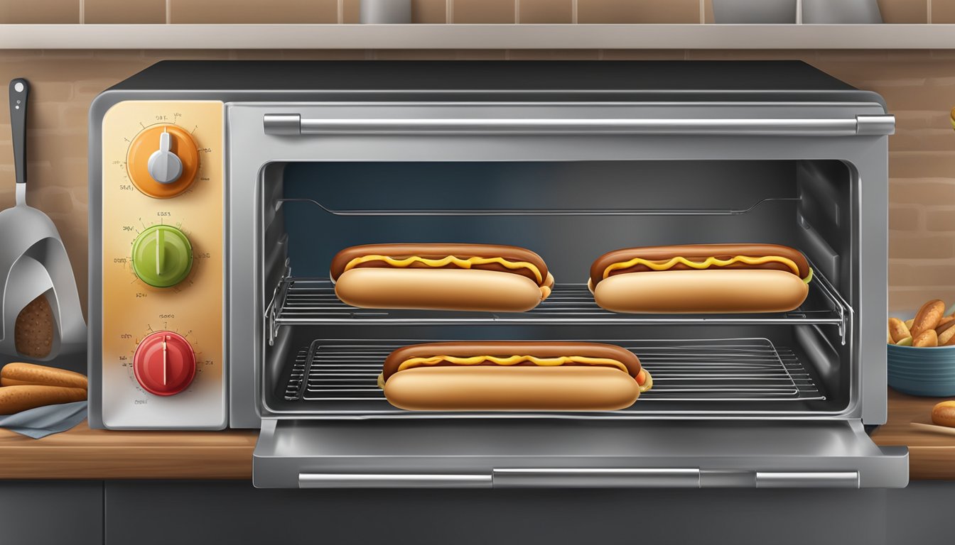 Hot dogs arranged on a baking sheet, oven door open, heat radiating, timer set