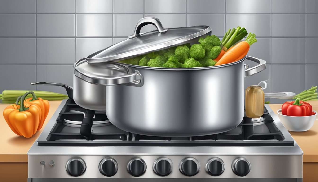 A stainless steel pot with a lid on a gas stove, steam escaping, vegetables inside, surrounded by aluminum foil and an aluminum can