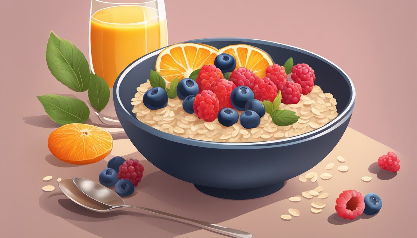 A bowl of oatmeal topped with fresh berries sits on a table, surrounded by a variety of colorful fruits and a glass of orange juice