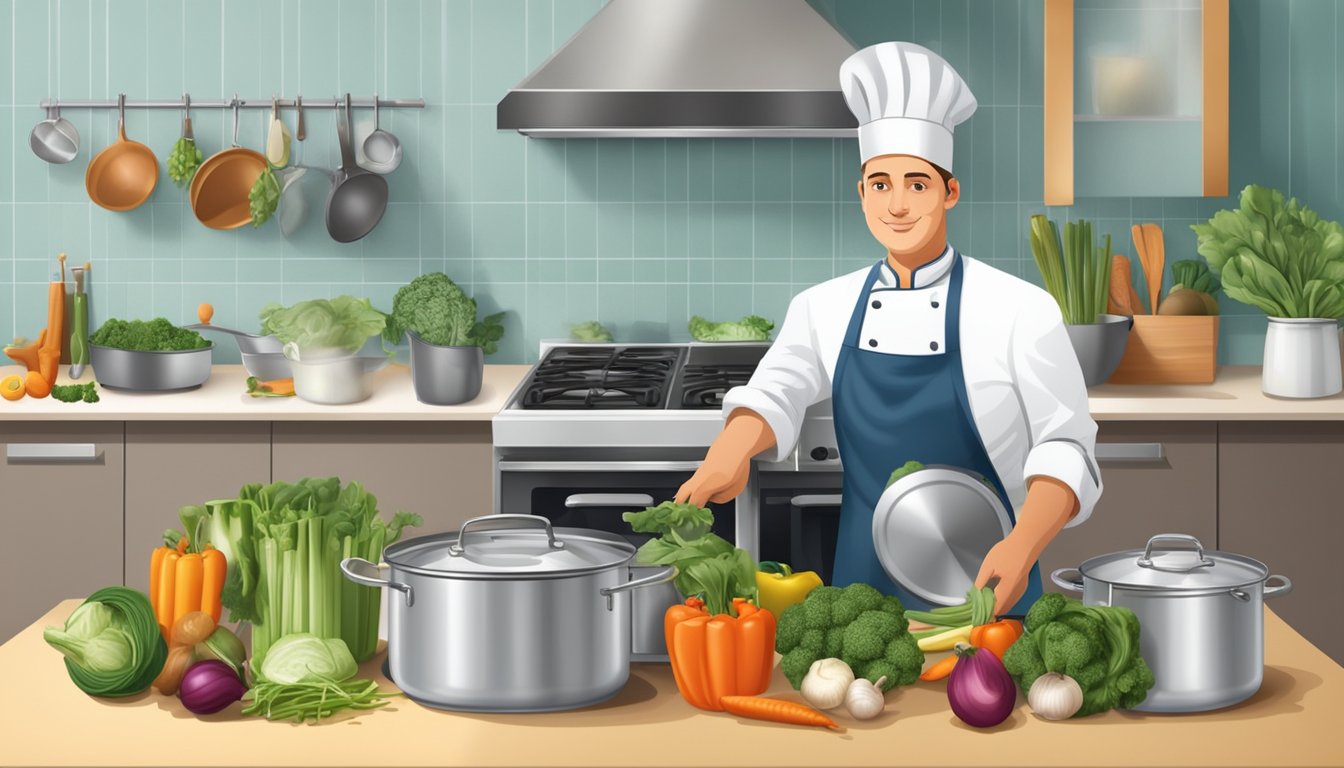 A chef cooks vegetables in an aluminum pot on a gas stove, surrounded by a kitchen filled with reusable and recyclable items