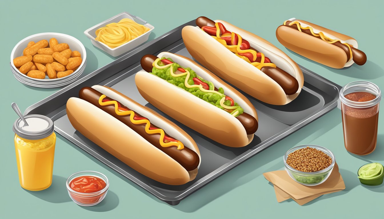 Hot dogs arranged on a baking sheet, surrounded by condiments and buns. Oven door open, heat emanating