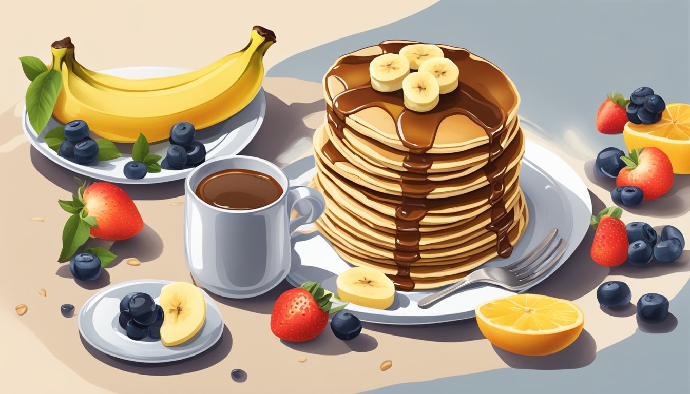 A stack of whole wheat banana pancakes with a drizzle of syrup, surrounded by fresh fruit and a steaming cup of coffee