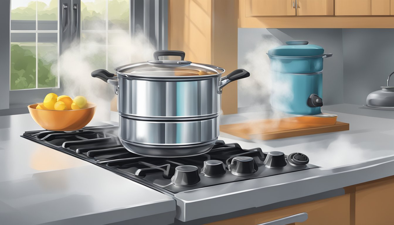 Steam rising from a pot on a stove, aluminum foil covering a dish in the background