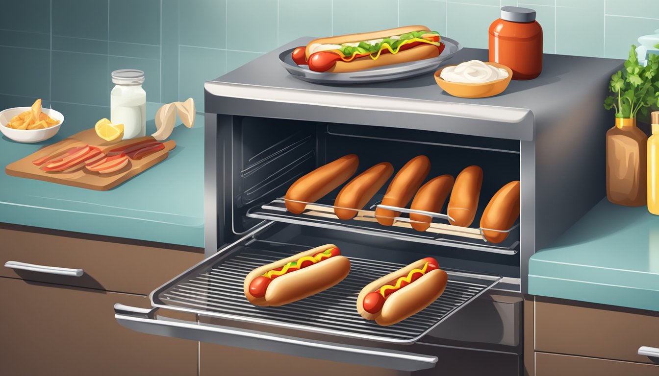 Hot dogs placed on baking sheet in oven. Timer set. Utensils and condiments organized in nearby kitchen drawer