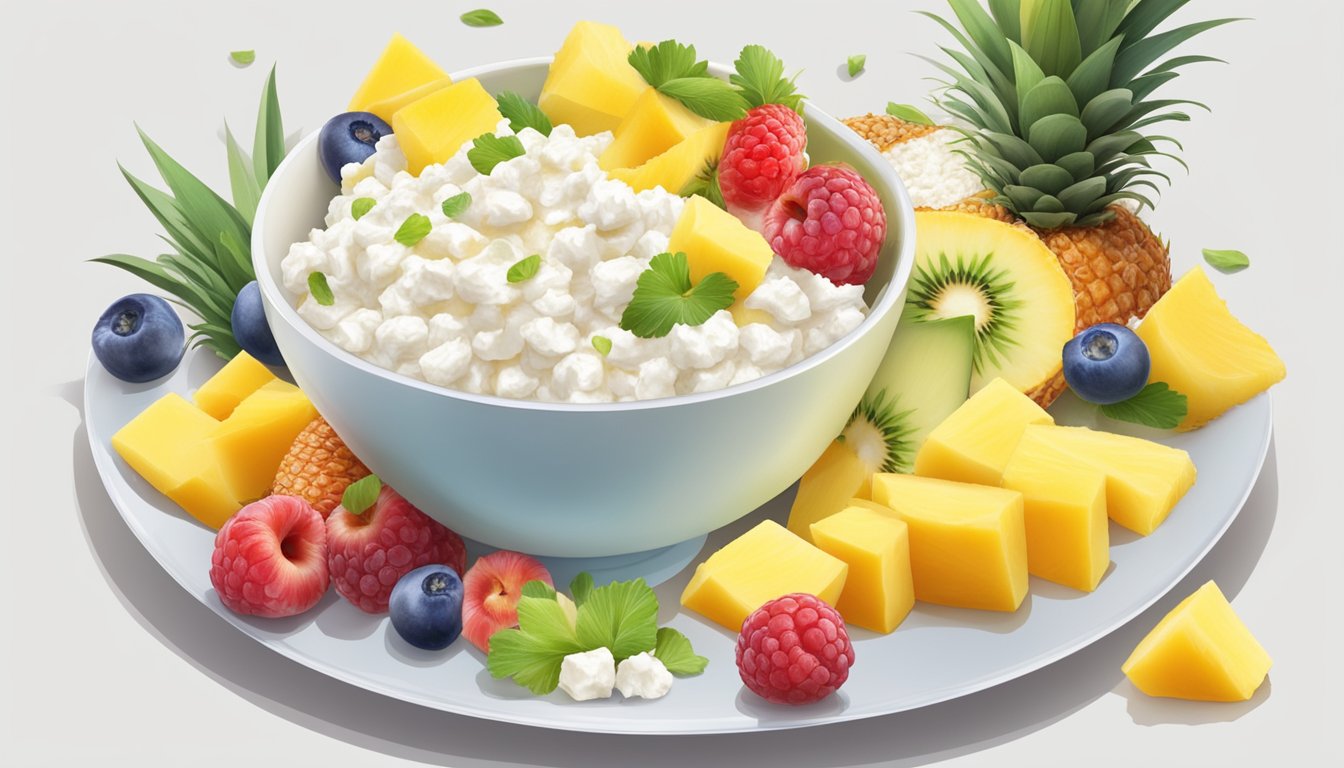 A bowl of cottage cheese topped with pineapple chunks, surrounded by a spread of colorful breakfast ingredients