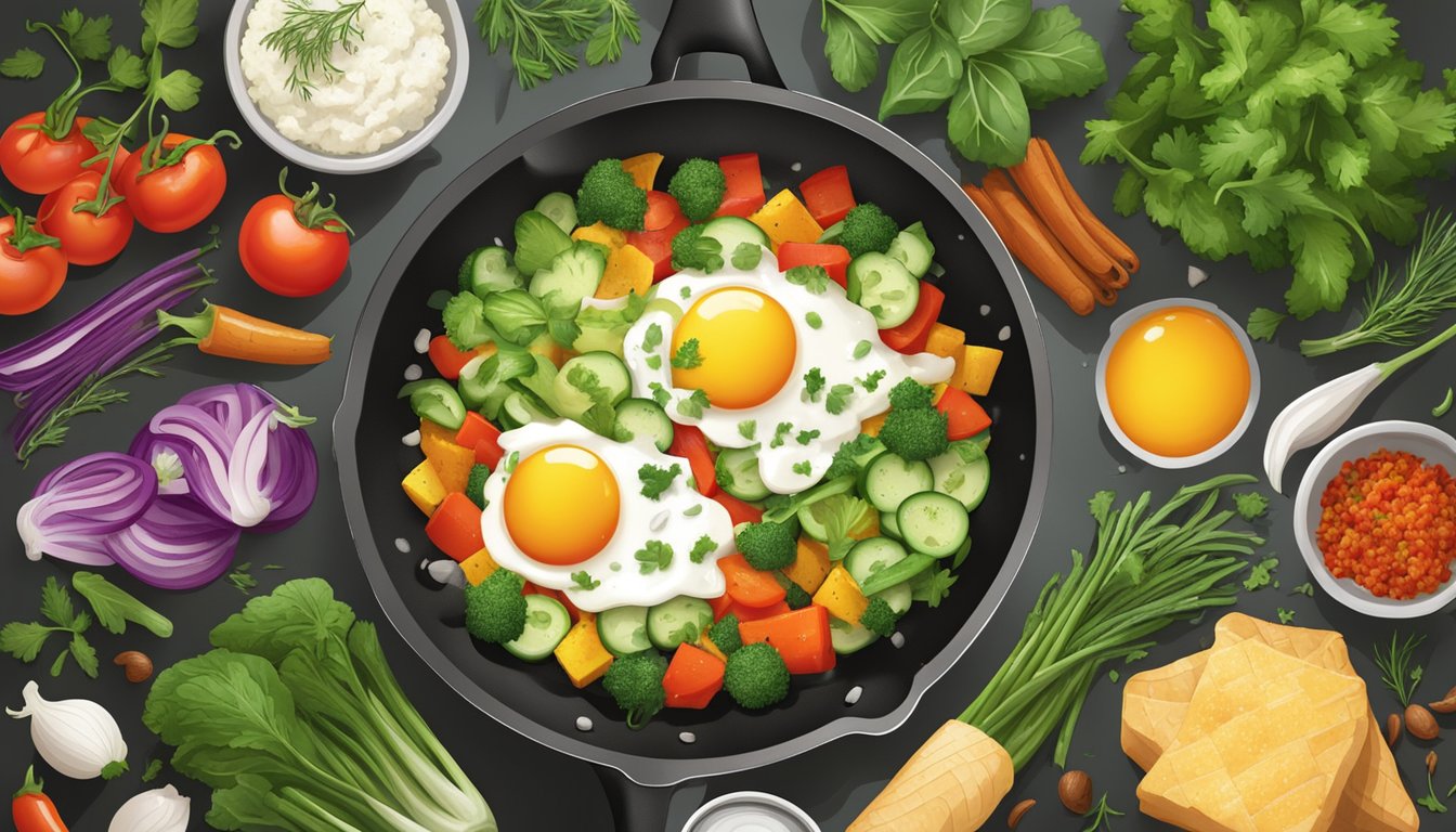 A colorful array of chopped vegetables sizzling in a skillet, as fluffy egg whites are being scrambled in the center, surrounded by a variety of herbs and spices