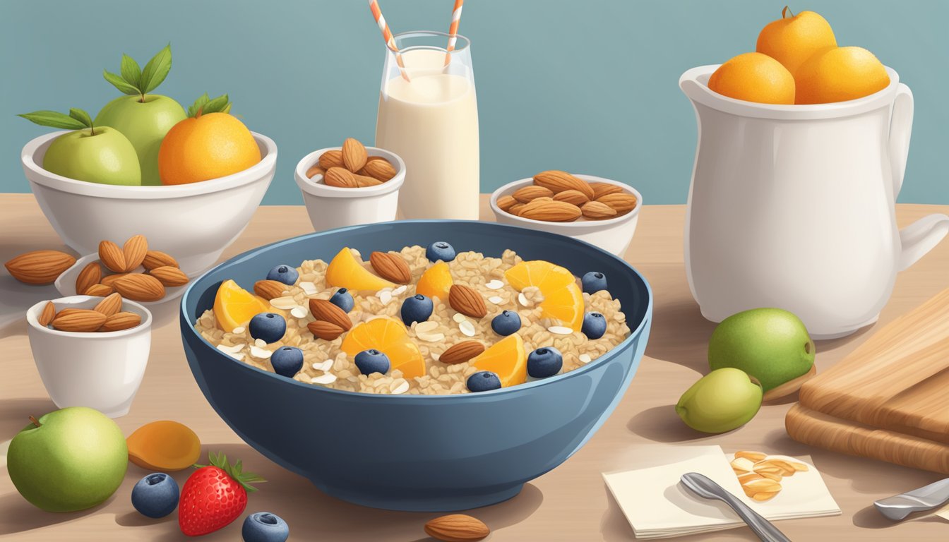 A bowl of muesli with almond milk surrounded by fresh fruits and nuts, with a stack of recipe cards showcasing various breakfast options under 300 calories