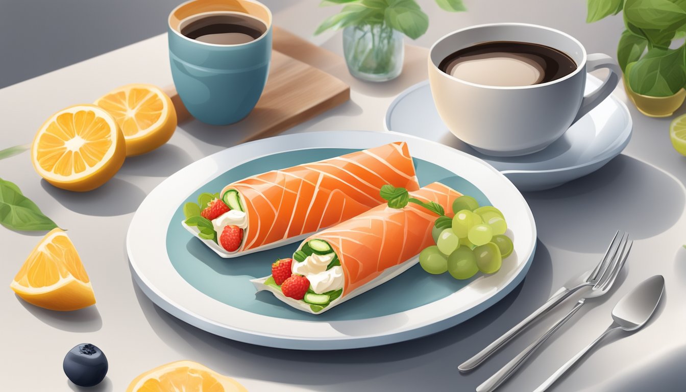 A colorful plate with a smoked salmon and cream cheese wrap, surrounded by fresh fruits and a cup of coffee