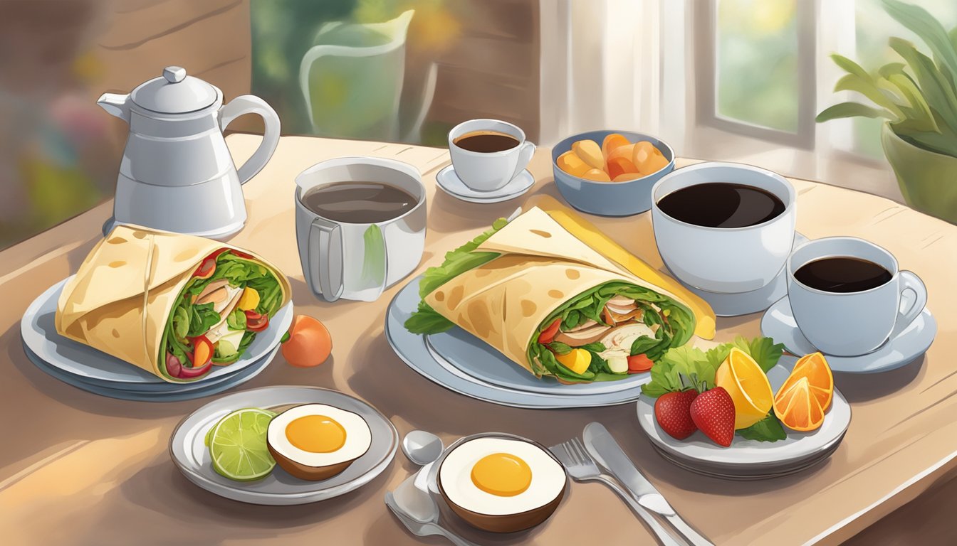 A breakfast wrap filled with turkey, eggs, and fresh vegetables, served alongside a colorful array of fruits and a steaming cup of coffee