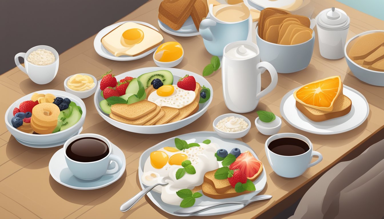 A table set with a variety of low-calorie breakfast options, including fruits, yogurt, oatmeal, and whole grain toast, with a steaming cup of tea or coffee on the side