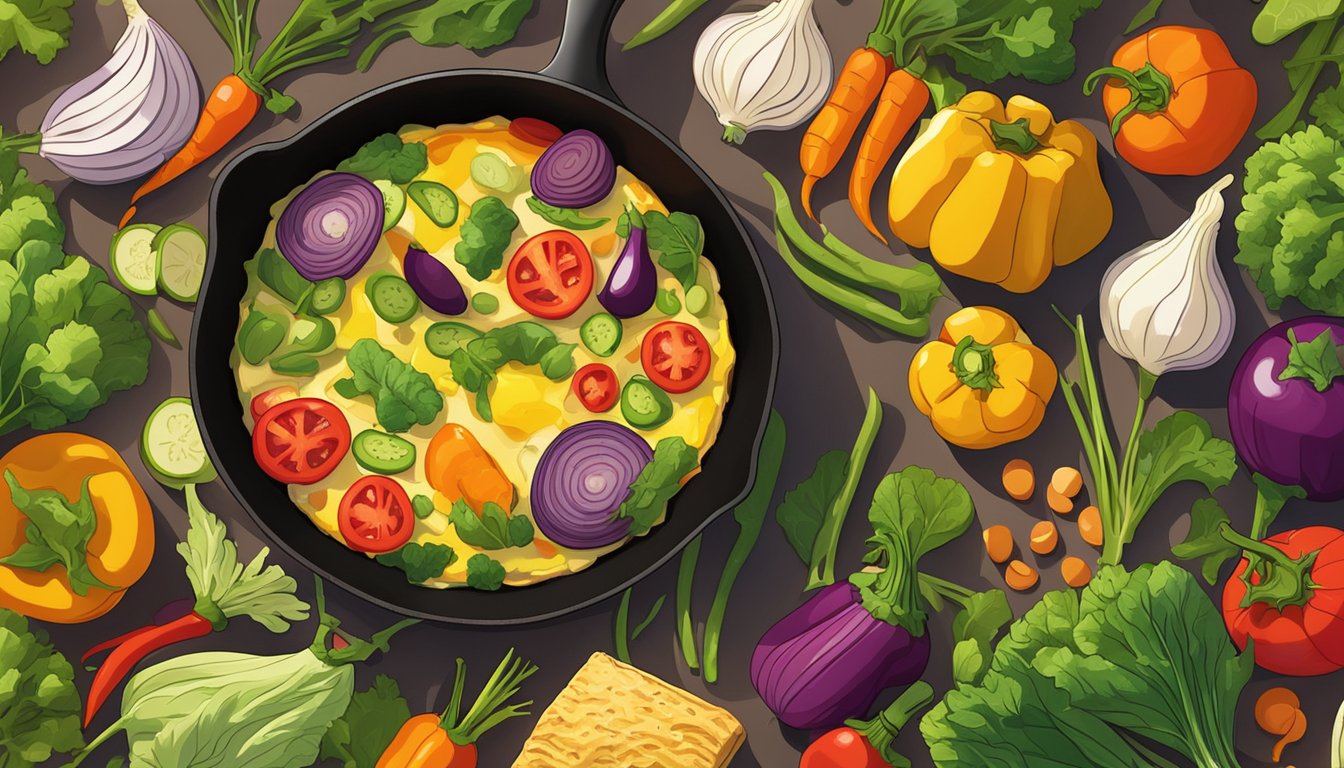 A colorful array of assorted vegetables arranged around a sizzling frittata in a cast iron skillet. Sunlight streams in through a nearby window, casting a warm glow over the scene