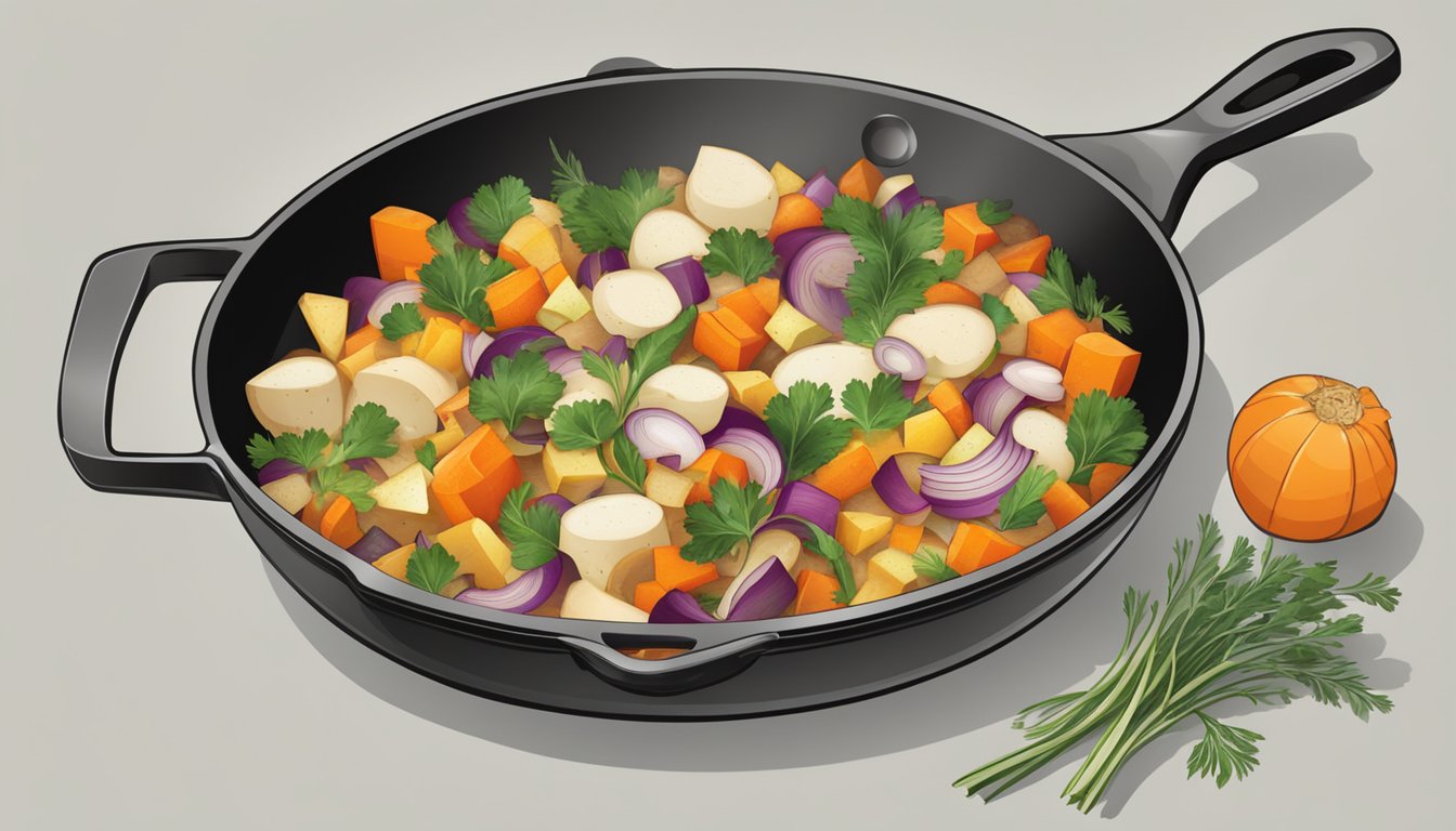 A skillet sizzling with a colorful mix of diced root vegetables, onions, and herbs, ready to be served as a hearty breakfast hash