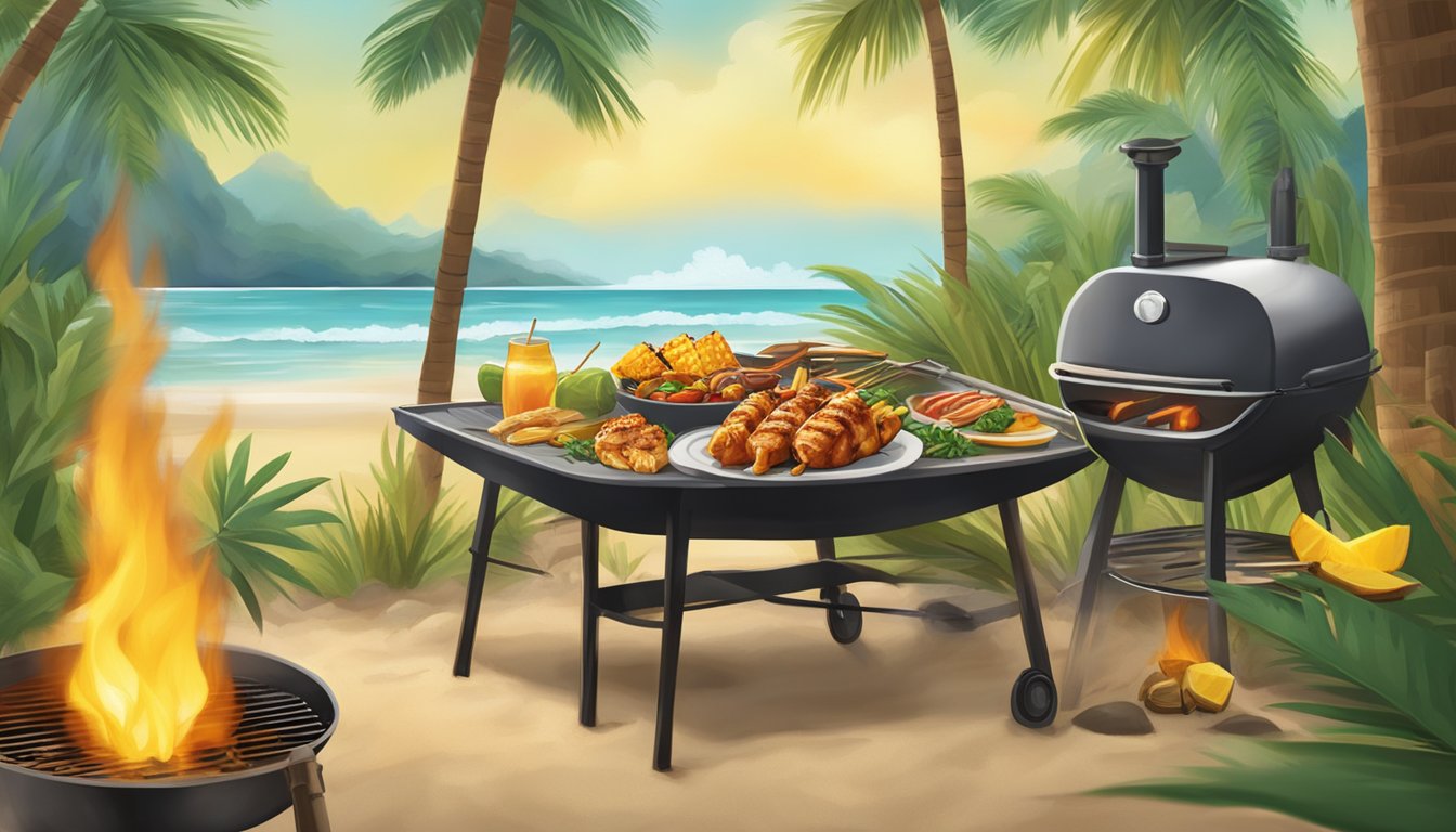 A tropical beach setting with a grill sizzling with teriyaki chicken, pineapple skewers, and coconut rice, surrounded by tiki torches and palm trees