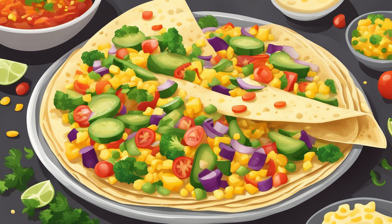 A colorful array of chopped vegetables and scrambled eggs spilling out of a warm tortilla, with a sprinkle of cheese and a dollop of salsa on top