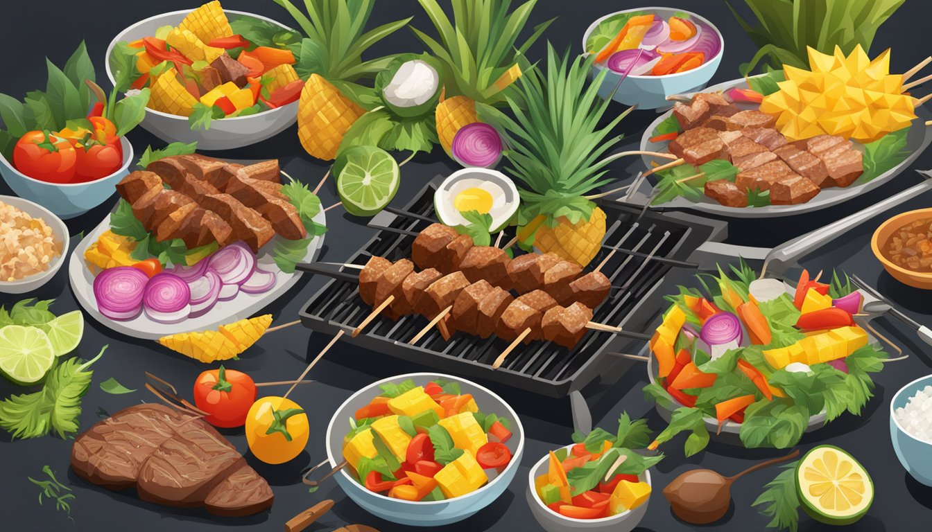 A tropical feast sizzling on a grill, with pineapple, coconut, and colorful vegetables cooking alongside skewers of marinated meat