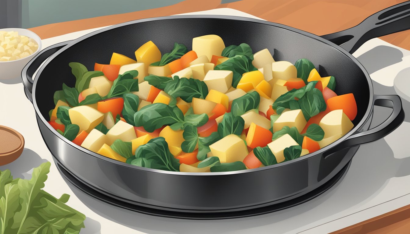 A colorful skillet filled with diced potatoes, sautéed Swiss chard, and other mixed vegetables, sizzling on a stovetop