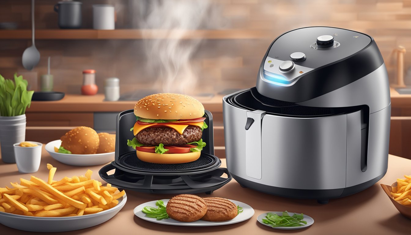 A sizzling hamburger patty cooking inside an air fryer, surrounded by the aroma of sizzling meat and the sound of the machine's fan