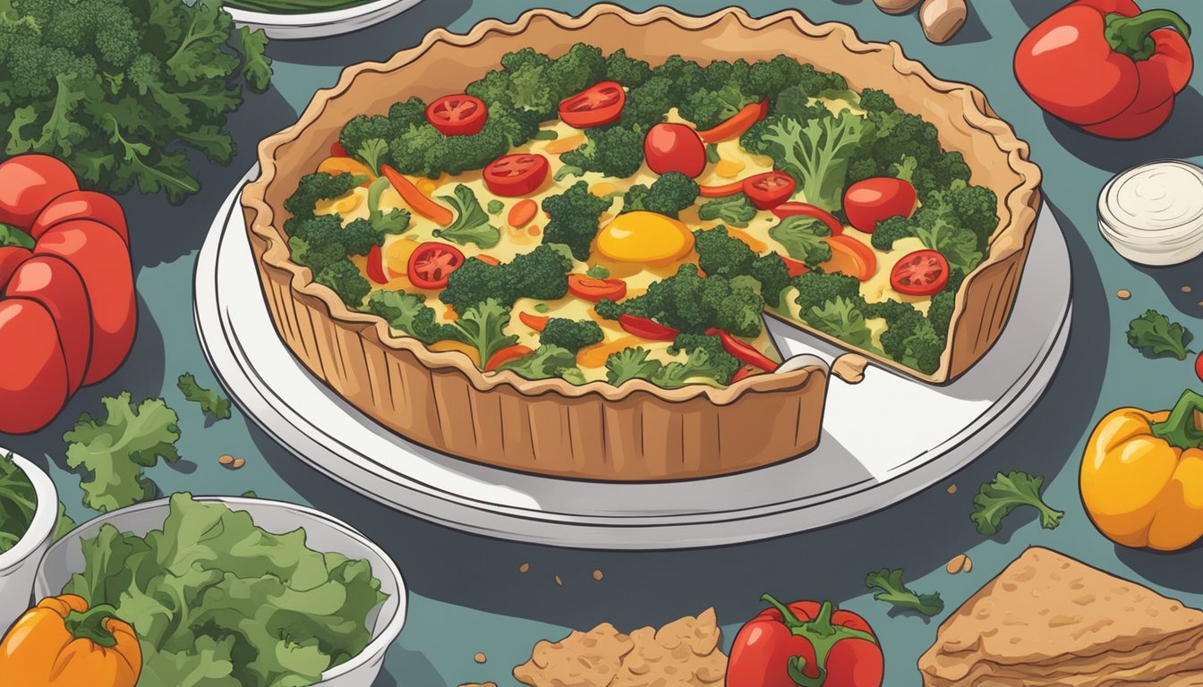 A colorful quiche filled with kale and peppers surrounded by various leftover vegetables and breakfast ingredients on a kitchen counter