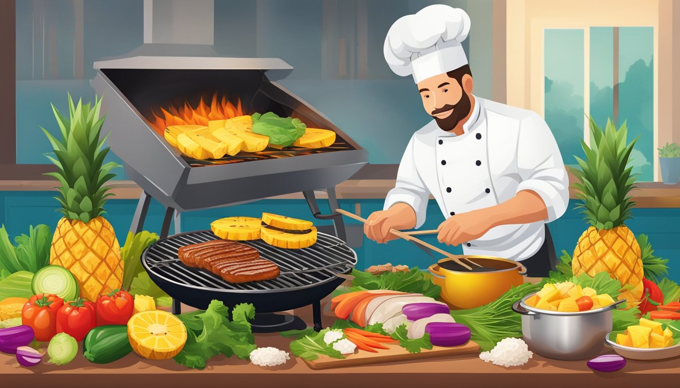 A chef grills pineapple slices on a barbecue, while a pot of sticky rice steams on the stove. A colorful array of fresh vegetables and marinated meats sit ready for skewering