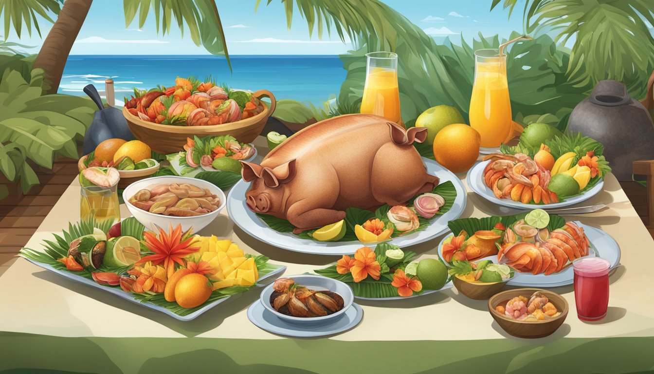 A table set with a traditional Hawaiian feast, including a whole roasted pig, tropical fruits, and a variety of seafood dishes